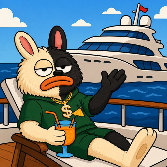 A cartoon furry character wearing a green outfit and gold dollar sign necklace lounges on a yacht holding an orange drink.