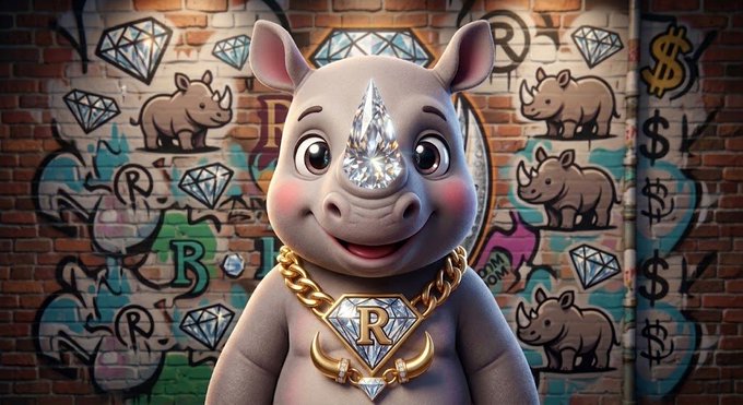 A 3D-rendered cartoon rhinoceros with a diamond horn wears a gold chain with an 'R' pendant, set against a brick wall covered in graffiti featuring diamonds, dollar signs, and rhino figures.
