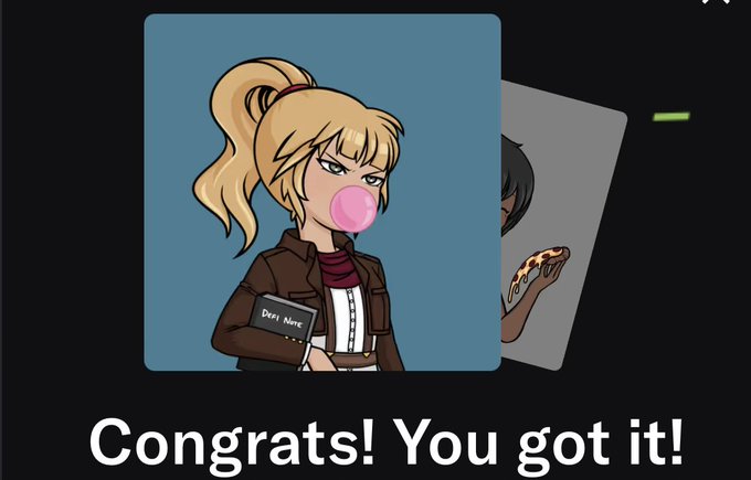 An animated character with blonde hair blowing a pink bubblegum bubble holds a book titled 'Dora Marc' on a card reading 'Congrats! You got it!'.