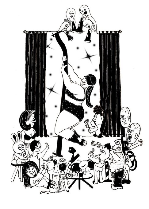 A black and white cartoon illustration showing a female pole dancer performing on stage surrounded by an audience of various exaggerated characters.