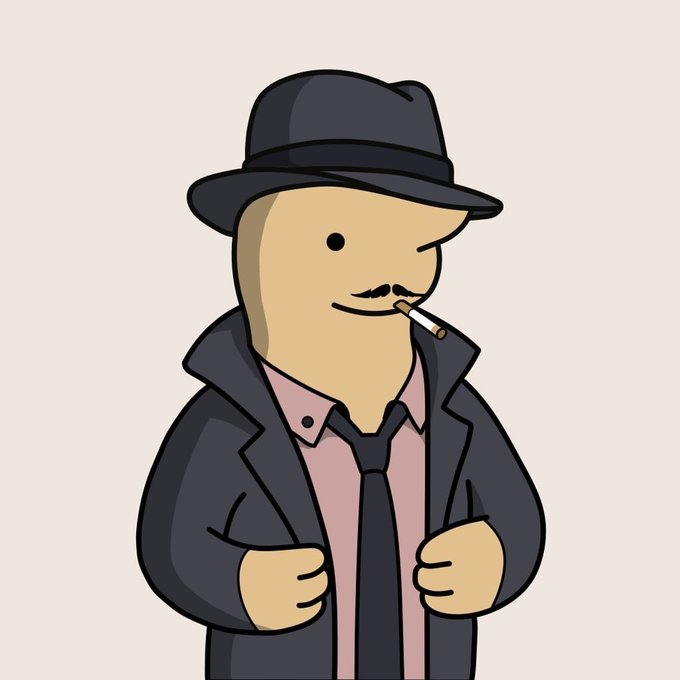 A cartoon illustration of a man wearing a black fedora and trench coat, smoking a cigarette with a mustache, depicted in a spy or detective style.