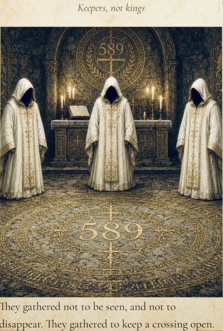 Three hooded figures in white robes stand in a candlelit chamber with the number 589 displayed above an altar and on the floor, accompanied by text reading 'Keepers, not kings' and 'They gathered not to be seen, and not to disappear. They gathered to keep a crossing open.'