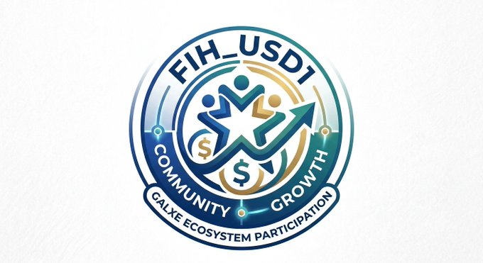A circular logo for 'FIH_USD1' featuring stylized human figures, dollar signs, and an upward arrow, with banners reading 'COMMUNITY', 'GROWTH', and 'GALXE ECOSYSTEM PARTICIPATION'.