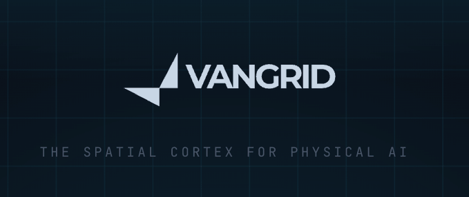 The VanGrid logo with the tagline 'THE SPATIAL CORTEX FOR PHYSICAL AI' on a dark grid background.