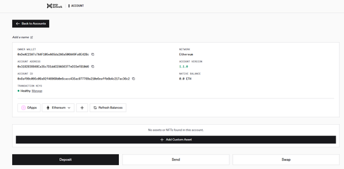 The image shows an OKX Web3 account dashboard displaying an Ethereum wallet with 1.1 ETH and 0 NFTs, along with options to Deposit, Send, or Swap. This relates to the post about Quip wallet onboarding on Ethereum, as the dashboard exemplifies the type of self-custody wallet interface (like OKX) that Web3 collectibles and products like Quantum Echoes are driving users to set up.