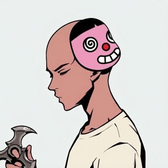 A surreal digital illustration of a man in profile wearing a cracked, clown-like pink mask on the back of his head, holding a dark object.