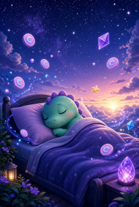 A dreamy digital illustration shows a small green dinosaur-like character sleeping in a purple bed under a starry cosmic sky, with glowing crystals, coins marked with “C,” and a sunrise-like horizon.