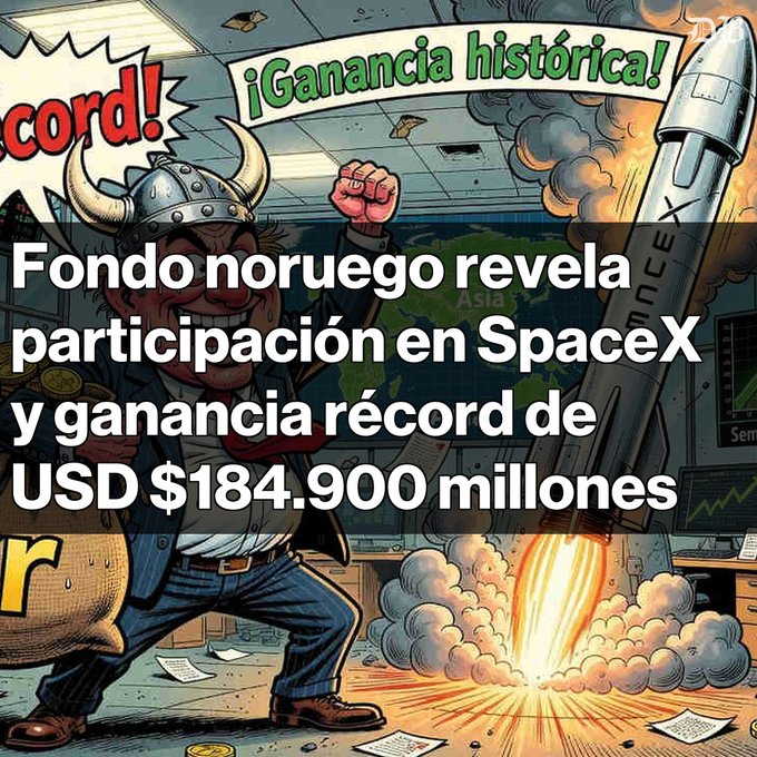 A meme image with text in Spanish reading 'Fondo noruego revela participación en SpaceX y ganancia récord de USD $184.900 millones' overlaid on a comic-style illustration of a man with a rocket labeled 'SPACEX'.