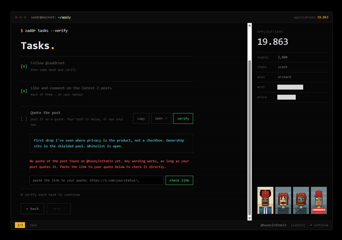 A dark-themed web application interface titled 'Tasks' for Zaddr displaying tasks like 'follow @zaddrnet' and 'Like and comment on the latest 2 posts', with application ID 19.863 on the right.
