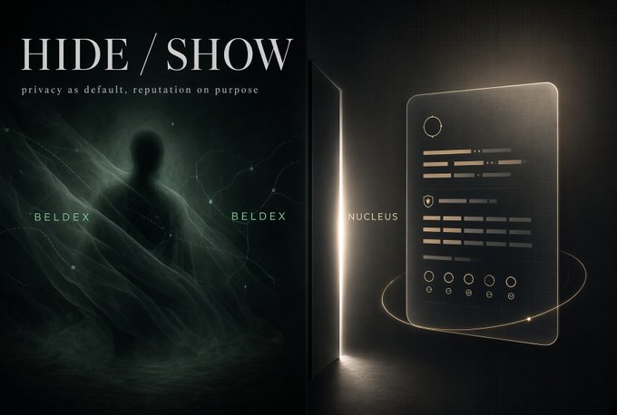 A graphic titled 'HIDE / SHOW' with the subtitle 'privacy as default, reputation on purpose' depicts shadowy figures and a glowing digital interface labeled 'NUCLEUS'.