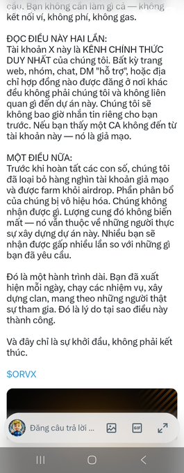Vietnamese social media post in Vietnamese from 'SORVX' warning about a fake channel impersonating them, labeled 'ĐỘC ĐIỀU NÀY HAI LẦN: MỘT ĐIỀU NỮA:'.