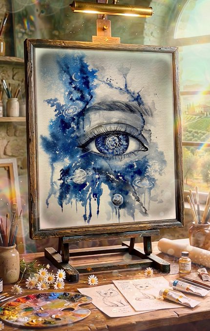 An artist's easel displays a blue watercolor-style painting of an eye surrounded by celestial and cosmic elements, set in a studio with paintbrushes, sketches, and a palette on the wooden table.