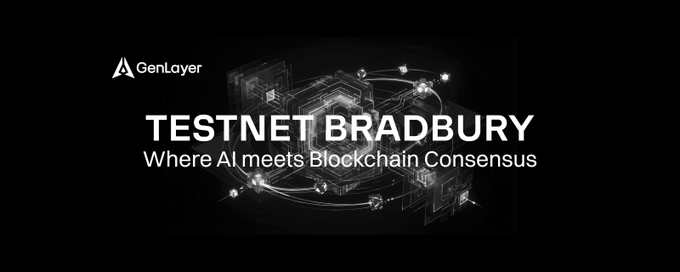 The image features a black background with white text, which reads "Testnet Bradbury Where Al meets Blockchain Consensus" above an illustration of a computer screen displaying a complex network of interconnected lines and dots. The image also includes a small logo for GenLayer in the bottom right corner.