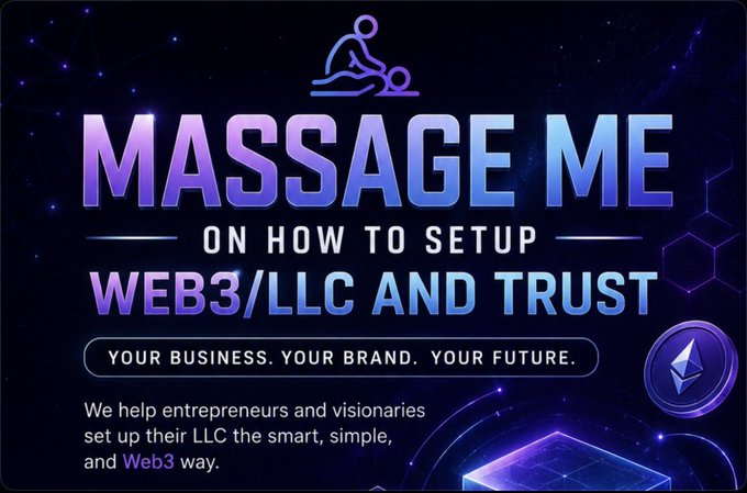 An advertisement for 'Massage Me' offering guidance on how to set up a Web3/LLC and Trust, featuring purple and blue neon graphics with an Ethereum logo.
