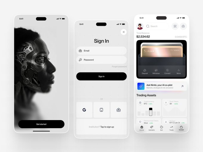Three iOS app screens showing a 'Get started' screen with a futuristic profile image, a 'Sign In' screen, and a dashboard displaying a balance of '$2,534.62' and Bitcoin trading assets.
