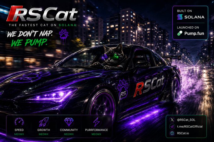 Promotional graphic for 'RSCat - The Fastest Cat on Solana,' featuring a black cat in a purple neon car, built on Solana and launched on Pump.fun, with icons highlighting SPEED, GROWTH, COMMUNITY, and PURRRFORMANCE.