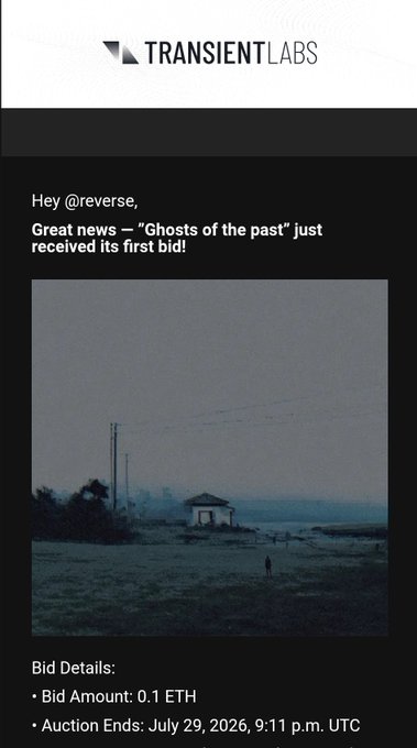 Email notification from Transient Labs addressed to @reverse announcing the first bid of 0.1 ETH on 'Ghosts of the past', with auction ending July 29, 2026, 9:11 p.m. UTC.