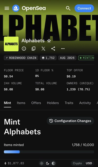 An OpenSea mobile screenshot of the 'Alphabets' NFT collection on Robinhood Chain with a floor price of $0.54, 1,758 items minted out of 10,000, and 1,239 unique owners.