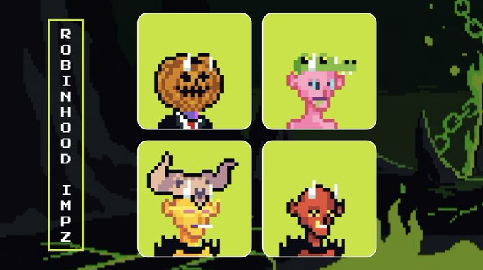 A pixel art image displaying four character portraits on a green background with vertical text 'ROBINHOOD IMPZ' on the left side.