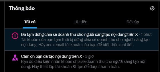 A Vietnamese-language X (Twitter) notifications screen showing an alert that revenue sharing for content creators has been paused, with an earlier notification about meeting Stripe payout requirements.