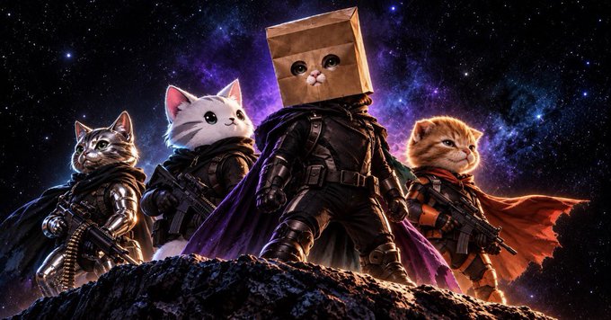 A whimsical digital illustration features four cats dressed in superhero costumes, with the central figure wearing a brown paper bag on its head, all standing heroically against a starry cosmic background.