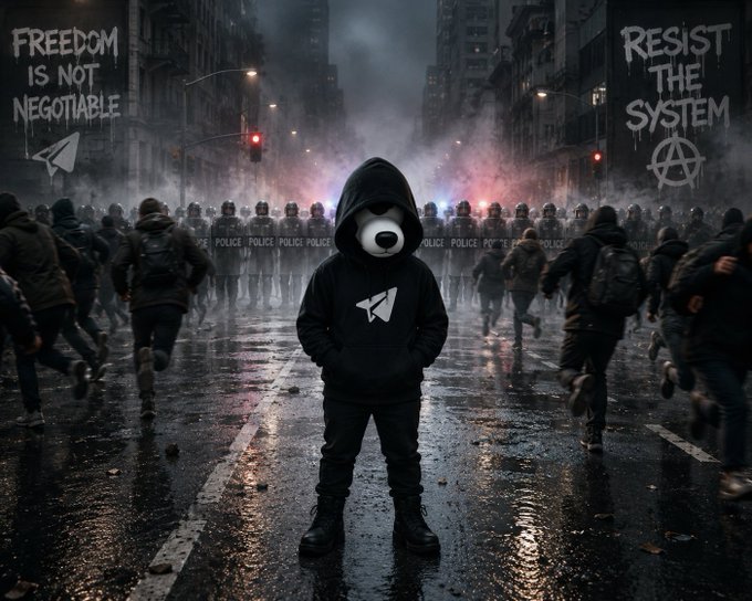 The image depicts a hooded figure wearing a bear mask and a hoodie featuring a paper airplane symbol, standing defiantly in a wet urban street as protesters flee from police in riot gear amid smoke and red flares. Graffiti reading "FREEDOM IS NOT NEGOTIABLE" and "RESIST THE SYSTEM" flanks the scene, reinforcing the post's resistance theme and the symbolic stance of "Pavel" and #RESISTANCEDOG against censorship.
