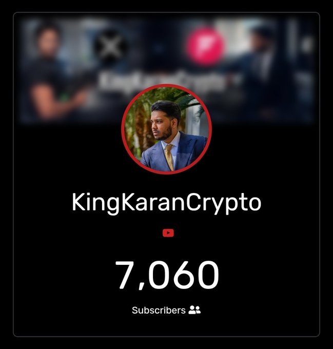 The image displays a YouTube channel profile for "KingKaranCrypto" with 7,060 subscribers, featuring a circular avatar of a man in a blue suit and gold tie. This serves as living proof of successful content creation on Flare, showcasing a real creator's channel achievement on the platform.