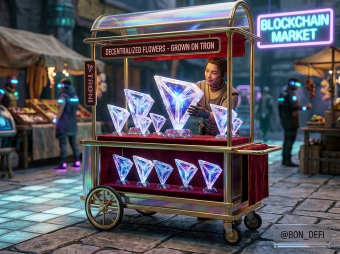 A digital artwork of a futuristic market stall displaying glowing crystalline diamond shapes labeled 'DECENTRALIZED FLOWERS - GROWN ON TRON' with a neon 'BLOCKCHAIN MARKET' sign, watermarked '@BON_DEFI'.