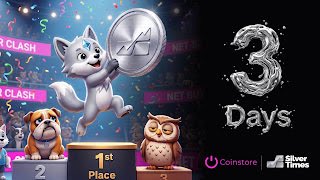 A crypto token giveaway countdown graphic by Cointstore and Silver Threw, showing '3 Days' remaining with a podium featuring a husky mascot in 1st place, alongside a bulldog and owl on a colorful space-themed background.