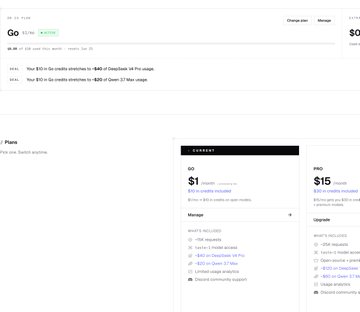 A webpage displays a pricing page for a service, with a list of available plans and their respective costs.