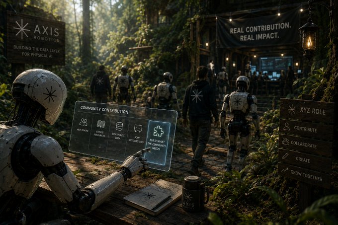 A futuristic sci-fi scene from AXIS Robotics depicting humanoid robots and a community contribution interface in a forest setting, with banners reading 'REAL CONTRIBUTION. REAL IMPACT.' and an XYZ role menu.