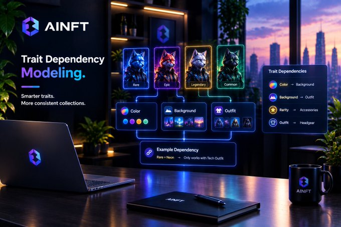 A promotional graphic for AINFT displays 'Trait Dependency Modeling' with the tagline 'Smarter traits. More consistent collections.' It shows NFT wolf cards with rarity labels (Rare, Epic, Legendary, Common) and trait dependencies like Color, Background, Outfit, Rarity, and Accessories.