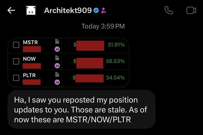 Screenshot of a Discord message from 'Architekt909' showing stock positions for MSTR (+31.91%), NOW (+56.53%), and PLTR (+34.04%) with a note about reposted positions being stale.