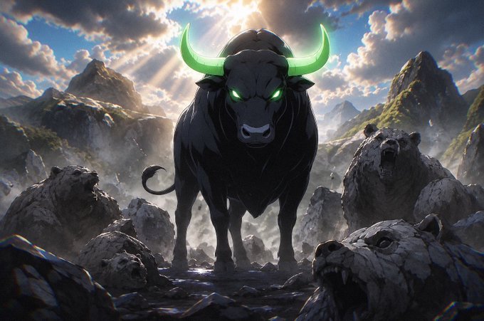 Dramatic fantasy artwork of a giant black bull with glowing green horns and eyes standing among stone lion statues under a sunburst sky.
