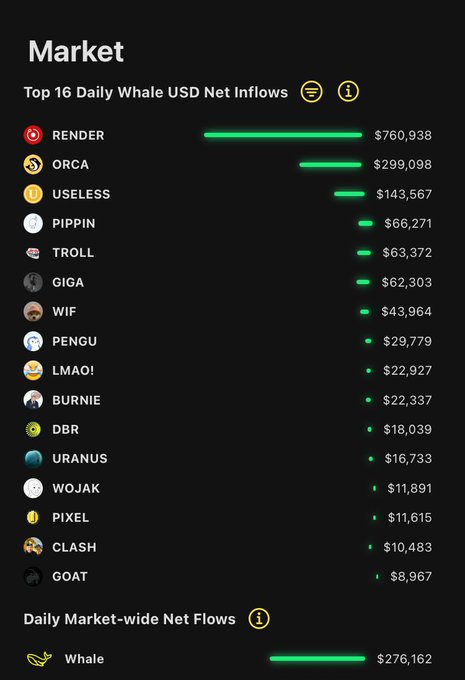 The image displays a chart with several cryptocurrency names listed along with their respective daily net inflows. The chart provides information about various cryptocurrency markets, including the top 15 daily whale net inflows.