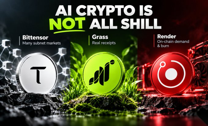 A promotional graphic with the bold headline "AI CRYPTO IS NOT ALL SHILL" highlights three AI-crypto projects as legitimate, non-shill examples: **Bittensor** ("Many subnet markets"), **Grass** ("Real receipts"), and **Render** ("On-chain demand & burn"), each represented by their token logos against themed backgrounds of digital networks, green grass, and red GPU hardware. The image visually reinforces the post's argument that while many AI agent tokens may be hype-driven, these specific projects demonstrate real, verifiable demand through actual usage and on-chain metrics.