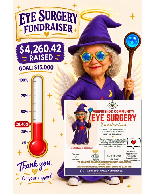 An 'EYE SURGERY FUNDRAISER' graphic for 'VEEFRIENDS COMMUNITY' showing $4,260.42 raised out of a $15,000 goal (28.40%), featuring an illustrated character in purple wizard attire with an event flyer for September 13, 2026.