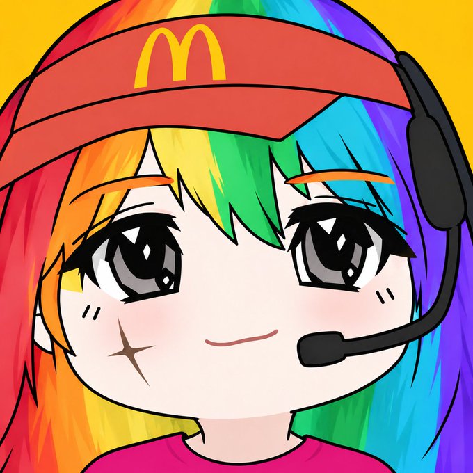 An anime-style cartoon character with rainbow-colored hair wearing a red McDonald's visor and a headset with a microphone.