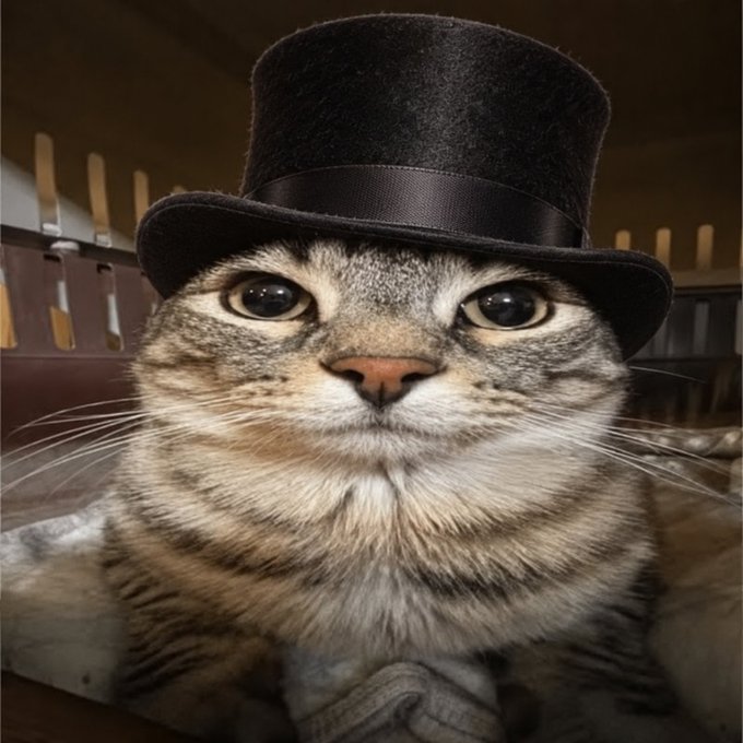 A close-up of a tabby cat wearing a black top hat.