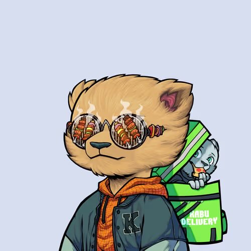 An anthropomorphic bear character wears round sunglasses reflecting grilled meat, dressed in a varsity jacket and carrying a green "KABU DELIVERY" backpack containing a small chef figure. The image aligns with the post's excitement about Kabu art, featuring the Kabu delivery branding and NFT collectible theme referenced in the tweet.