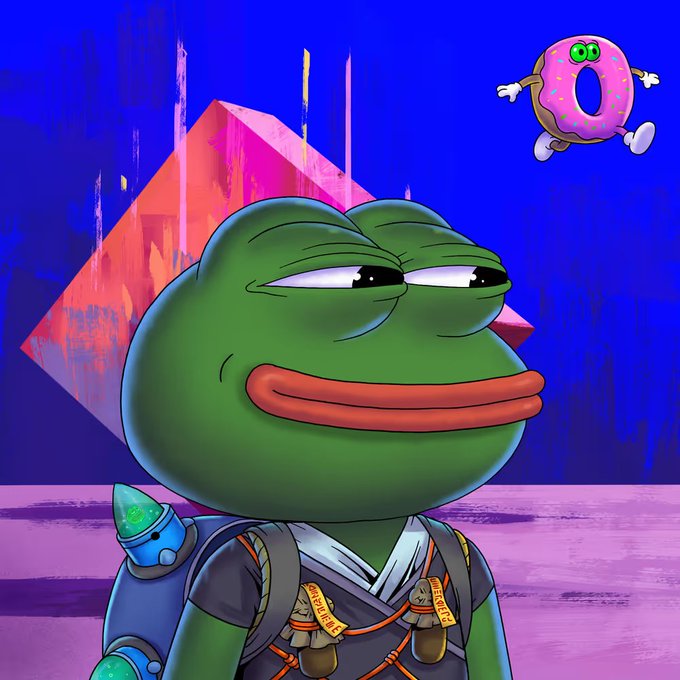 The image features a cartoon frog with a backpack and an orange hat standing against a blue background. The frog appears to be looking at something off-camera or in the distance. There are also two donuts floating in the air, one of which is wearing a pink shirt. The text "Art, vibes, onchain." is present in the image, which could be interpreted as a reference to the cartoon frog's situation being controlled by an unseen force or character.