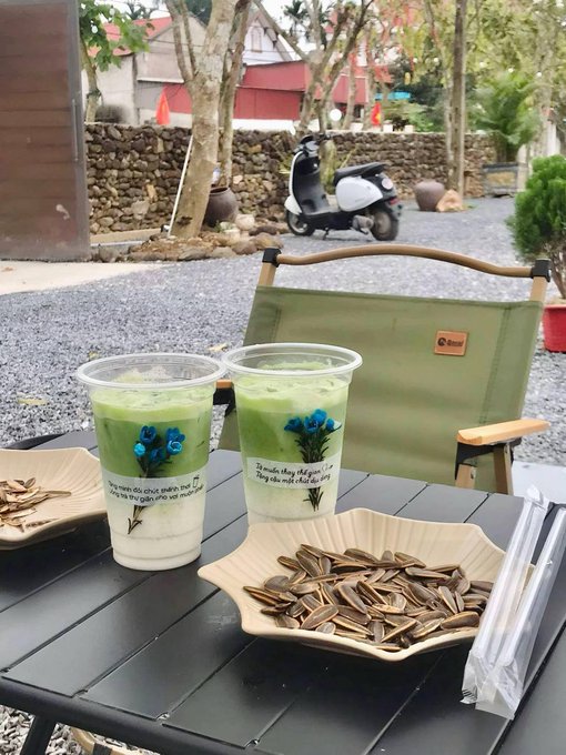 The image shows a dining table with two cups of green tea, some snacks (seeds), and a straw. The table also has a chair next to it. In the background, there are trees and a motorcycle parked nearby. The photo is tagged with a watermark that reads "@quipnetwork".