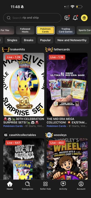 Screenshot of a Whatnot app showing live streams for Pokémon cards with titles like '30TH CELEBRATION SURPRISE SET!' and 'THE MID ERA MEGA COLLECTION!'