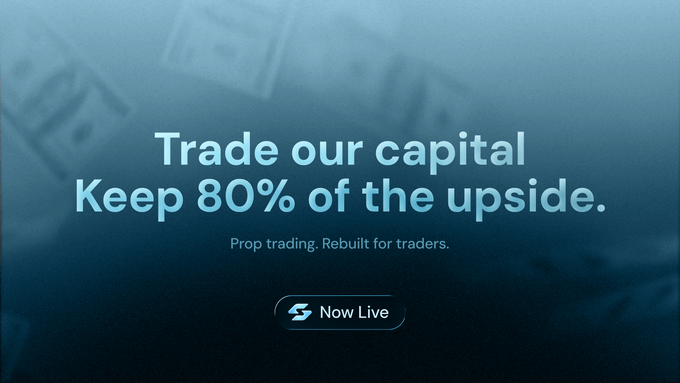The promotional image for Strat's prop trading platform features a blue-tinted background of falling US dollar bills, with the headline "Trade our capital Keep 80% of the upside" and the tagline "Prop trading. Rebuilt for traders." alongside a "Now Live" button, visually reinforcing the post's announcement that funded trading is now available with features like no daily drawdown, up to 100% leverage, and instant payouts.