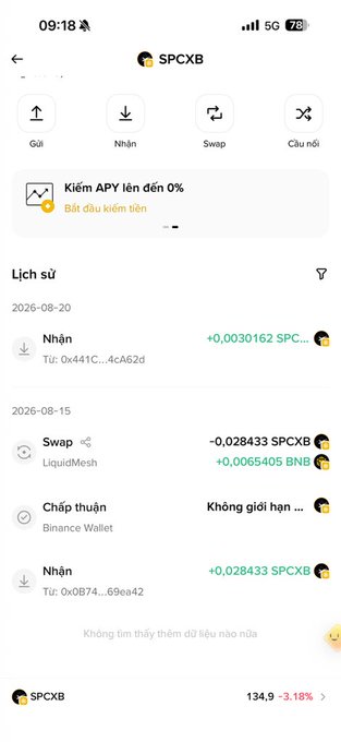 A mobile wallet screenshot showing SPCXB token activity, including a Swap transaction with LiquidMesh, and a balance of 134.9 SPCXB (-3.18%).