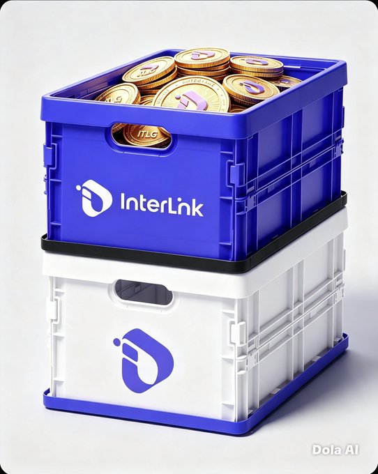 A 3D rendered image shows two stacked InterLink-branded storage crates, one blue filled with gold cryptocurrency coins and one white, with the watermark 'Dola AI' in the corner.