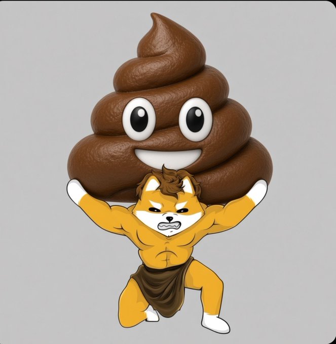 A digital illustration of a muscular, angry-looking Shiba Inu dog wearing a brown loincloth, lifting a giant smiling poop emoji above its head.