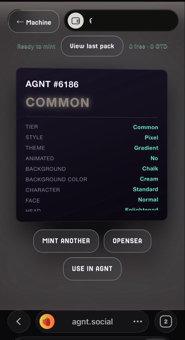 A mobile web interface from agnt.social showing an AGNT #6186 NFT card with COMMON tier, Pixel Gradient style, Chalk background with Cream color, Standard character, and Normal face.