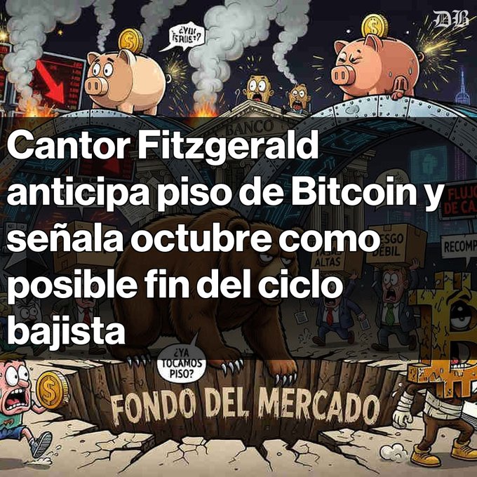 A cartoon illustration showing pigs, a bear, and panicking figures around a market pit labeled 'FONDO DEL MERCADO', with Spanish text stating 'Cantor Fitzgerald anticipa piso de Bitcoin y señala octubre como posible fin del ciclo bajista' (Cantor Fitzgerald anticipates a Bitcoin floor and points to October as possible end of the bearish cycle).