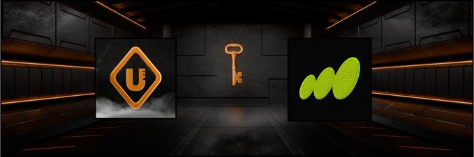 A dark sci-fi room displaying three screens showing icons: an orange diamond with a 'U', a golden key, and a green wavy shape.